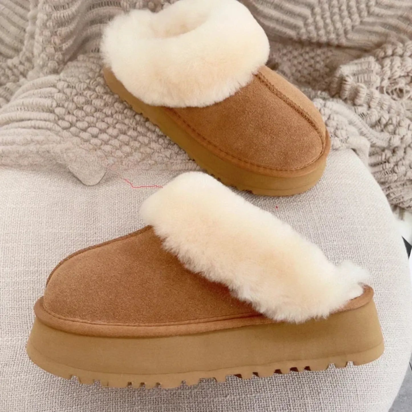 Non-Slip Natural Sheepskin and Wool Platform Slippers