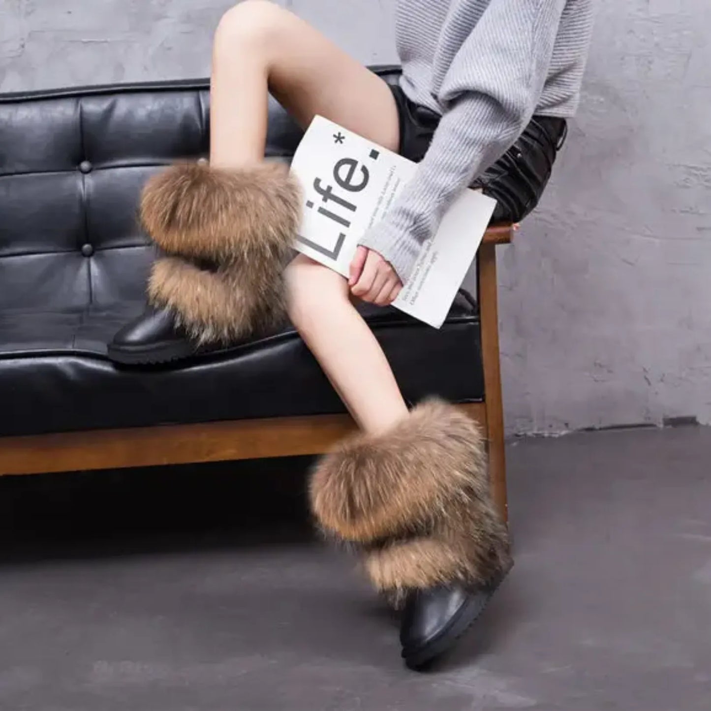 Luxury Fox Fur Mid-Calf Snow Boots