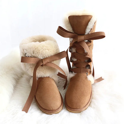 Genuine Sheepskin Lace-Up Snow Boots - Suede Finish