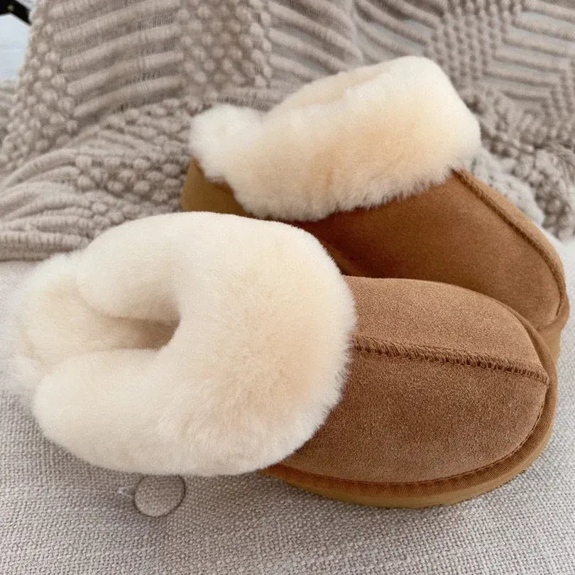 Non-Slip Natural Sheepskin and Wool Platform Slippers