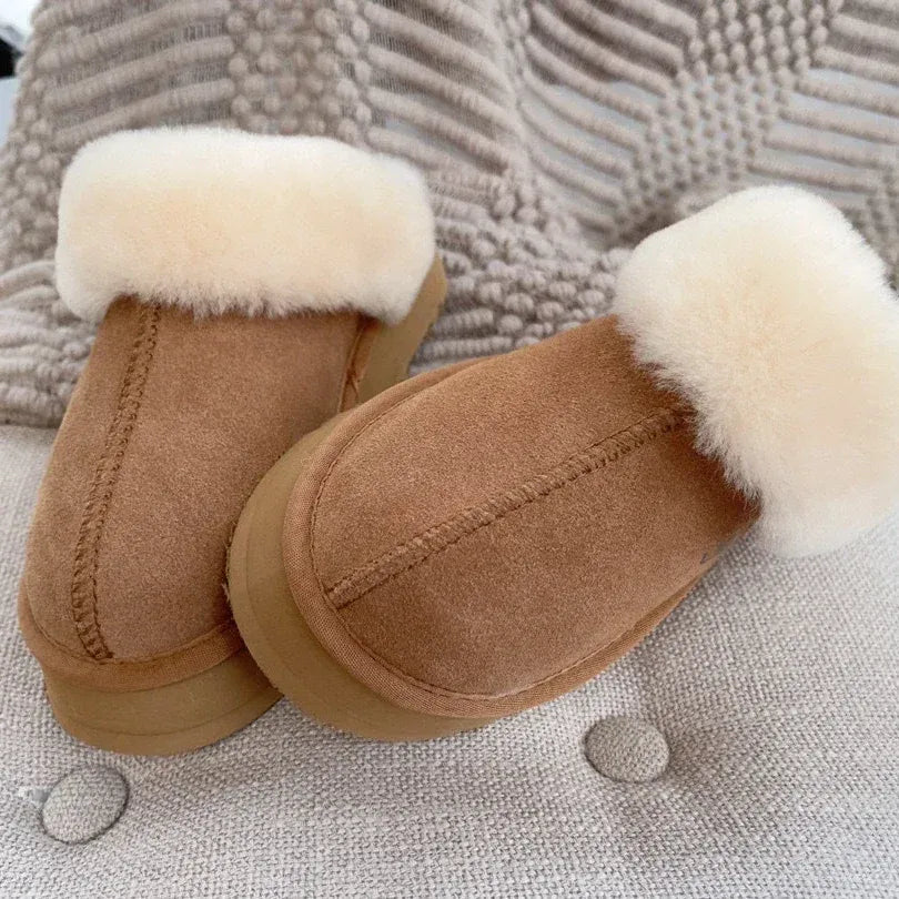 Non-Slip Natural Sheepskin and Wool Platform Slippers