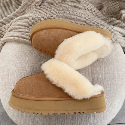 Non-Slip Natural Sheepskin and Wool Platform Slippers