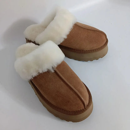 Non-Slip Natural Sheepskin and Wool Platform Slippers