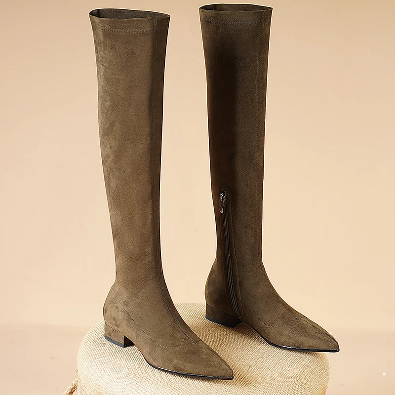 Elegant Suede Low Heel Thigh High Boots