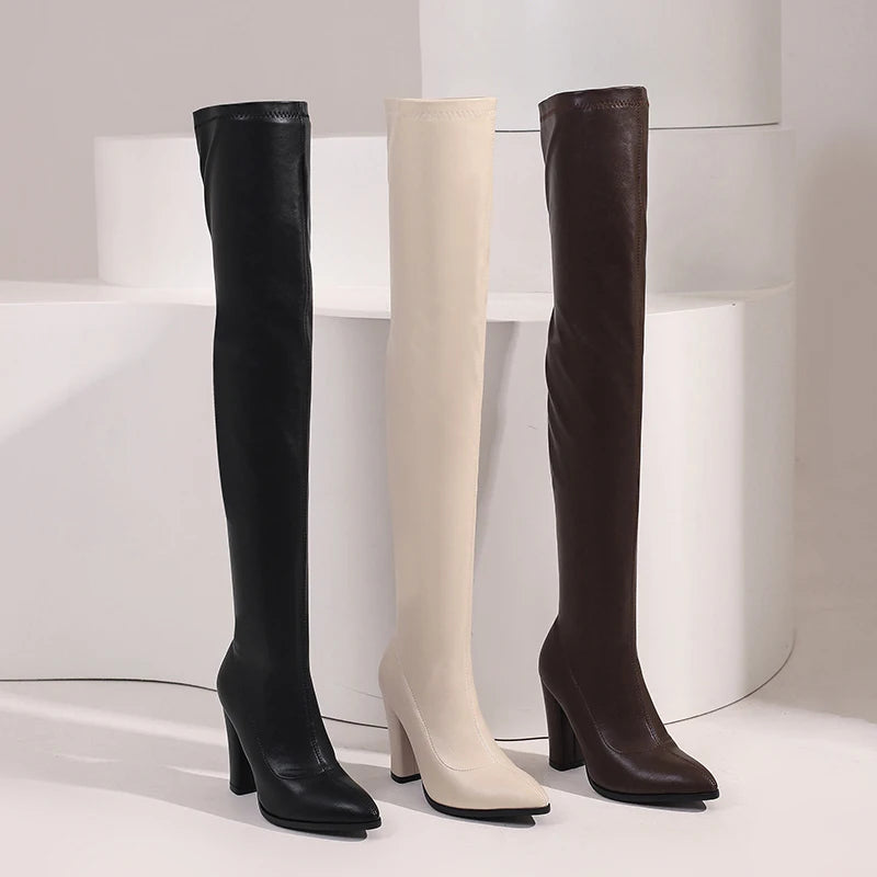 Elegant Thigh High Elastic Leather Boots