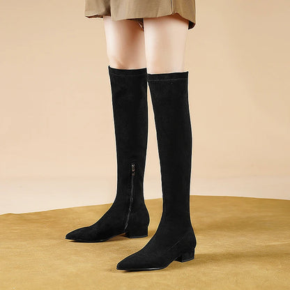 Elegant Suede Low Heel Thigh High Boots