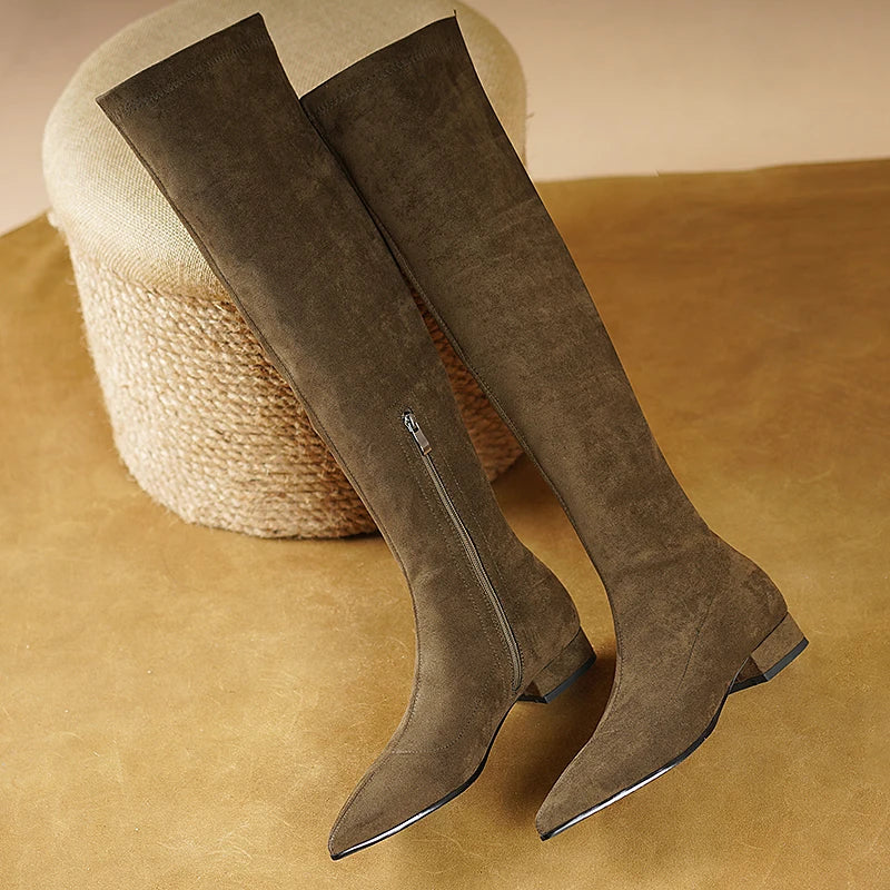 Elegant Suede Low Heel Thigh High Boots