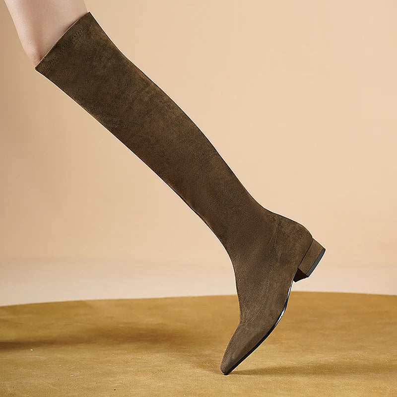 Elegant Suede Low Heel Thigh High Boots