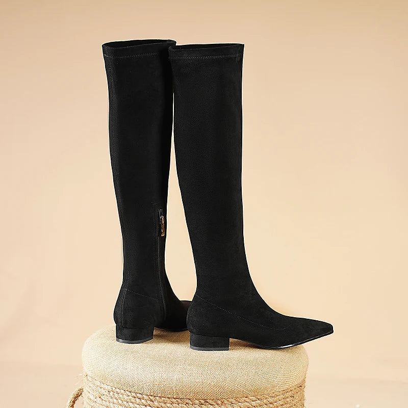 Elegant Suede Low Heel Thigh High Boots