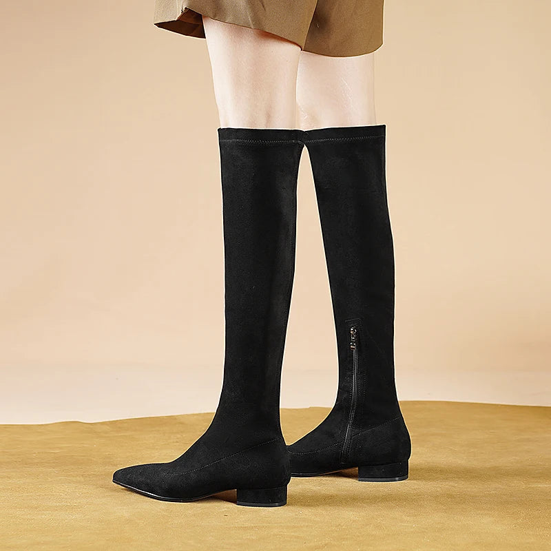 Elegant Suede Low Heel Thigh High Boots