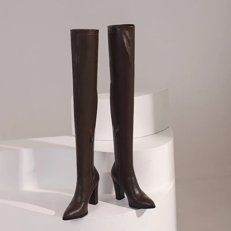 Elegant Thigh High Elastic Leather Boots