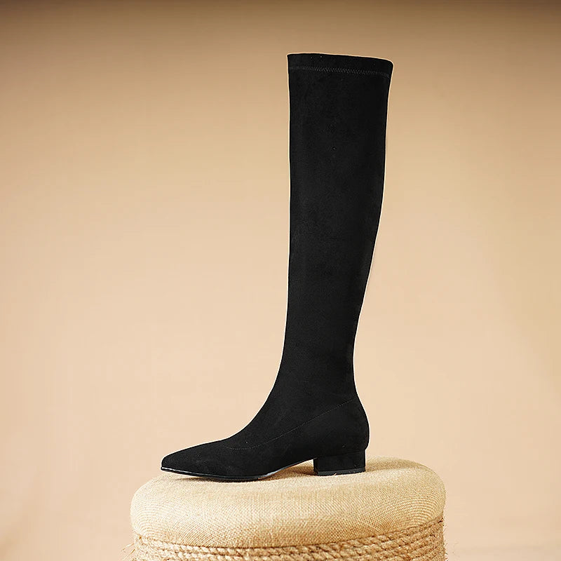 Elegant Suede Low Heel Thigh High Boots