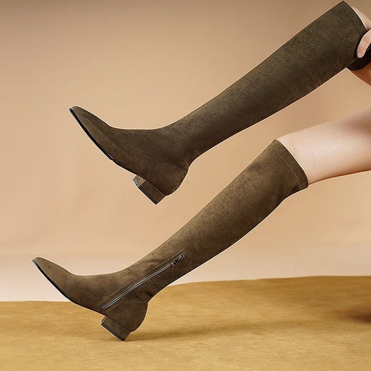 Elegant Suede Low Heel Thigh High Boots