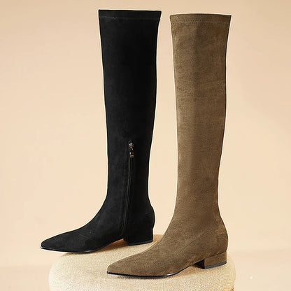 Elegant Suede Low Heel Thigh High Boots