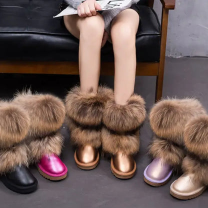 Luxury Fox Fur Mid-Calf Snow Boots