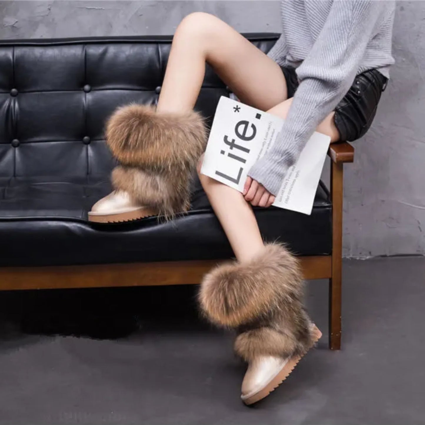 Luxury Fox Fur Mid-Calf Snow Boots