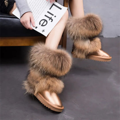 Luxury Fox Fur Mid-Calf Snow Boots