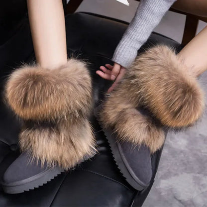 Luxury Fox Fur Mid-Calf Snow Boots