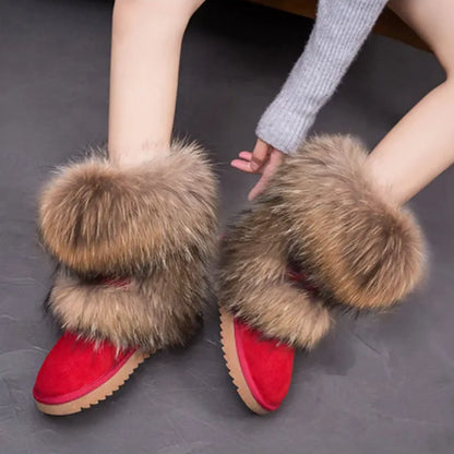 Luxury Fox Fur Mid-Calf Snow Boots