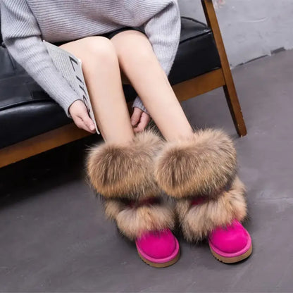 Luxury Fox Fur Mid-Calf Snow Boots